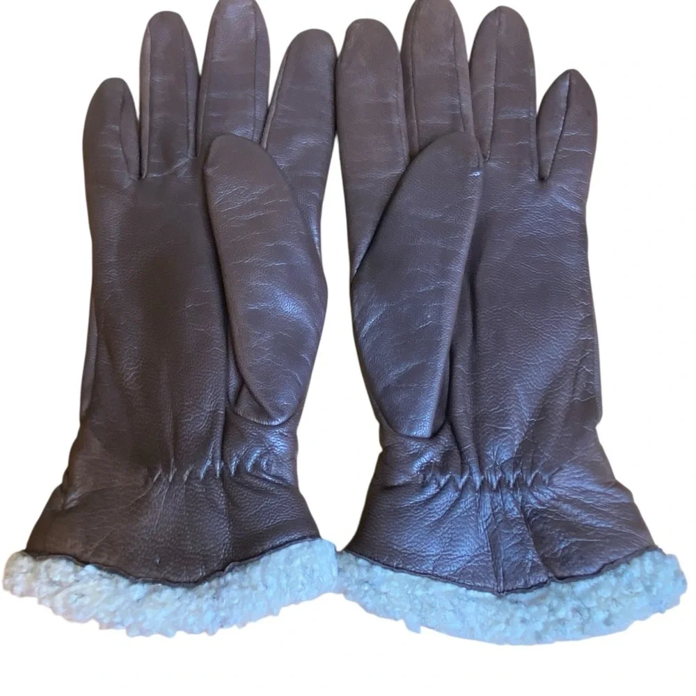 Fownes Brown leather faux Sherpa lightweight gloves Women’s size 7